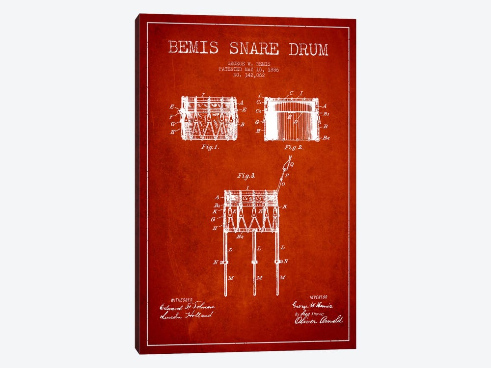 Bemis Drum Red Patent Blueprint by Aged Pixel 1-piece Canvas Print