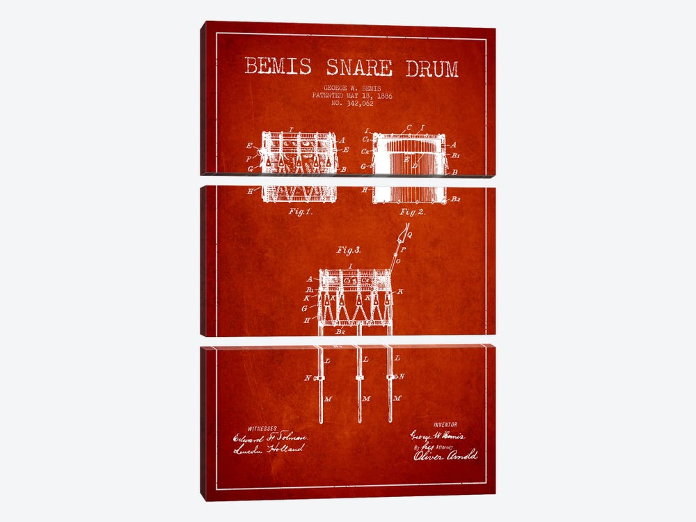 Bemis Drum Red Patent Blueprint by Aged Pixel 3-piece Canvas Print