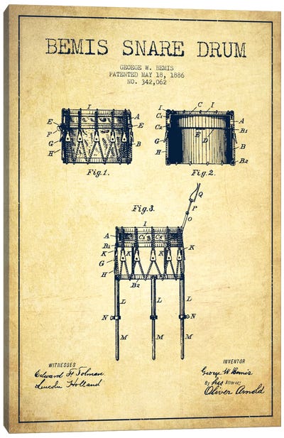 Bemis Drum Vintage Patent Blueprint Canvas Art Print - Aged Pixel: Music