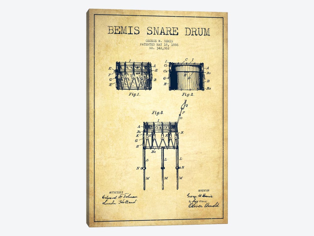 Bemis Drum Vintage Patent Blueprint by Aged Pixel 1-piece Canvas Artwork