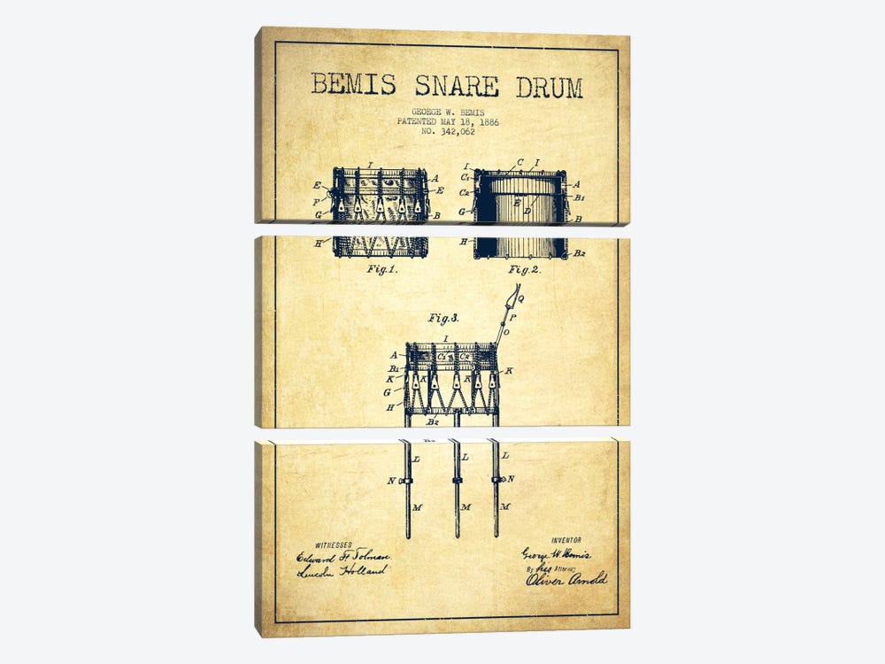 Bemis Drum Vintage Patent Blueprint by Aged Pixel 3-piece Canvas Artwork