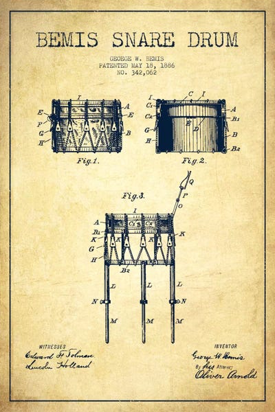 Music Blueprints: Bemis Drum Vintage Patent Blueprint by Aged Pixel