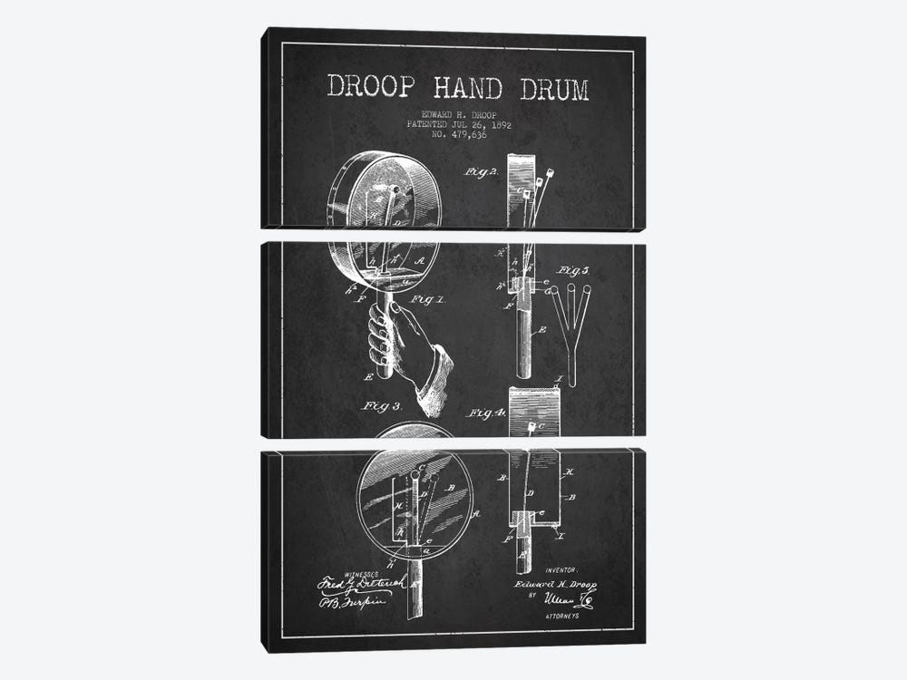 Droop Drum Charcoal Patent Blueprint by Aged Pixel 3-piece Canvas Art Print
