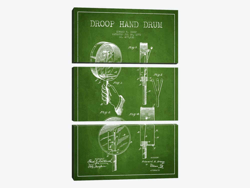 Droop Drum Green Patent Blueprint by Aged Pixel 3-piece Canvas Artwork
