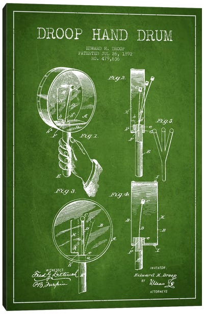 Droop Drum Green Patent Blueprint Canvas Art Print - Musical Instrument Art