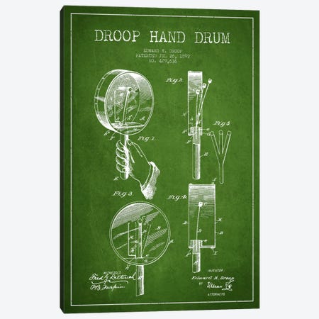 Droop Drum Green Patent Blueprint Canvas Print #ADP1055} by Aged Pixel Canvas Wall Art