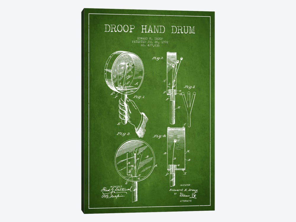 Droop Drum Green Patent Blueprint by Aged Pixel 1-piece Canvas Wall Art