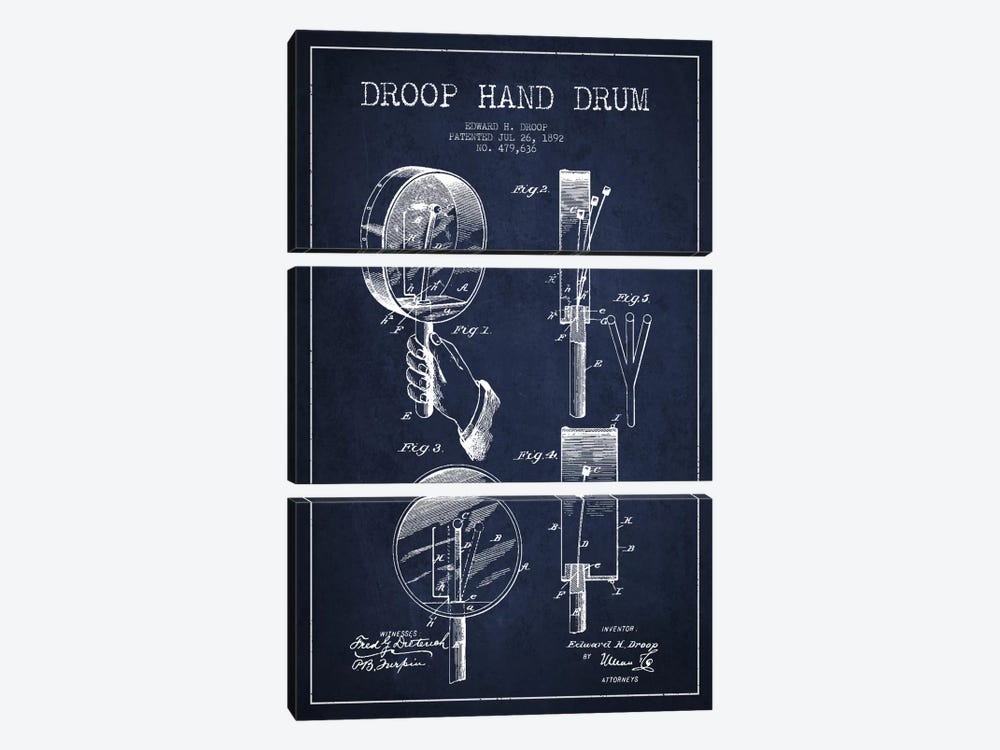 Droop Drum Navy Blue Patent Blueprint by Aged Pixel 3-piece Canvas Print
