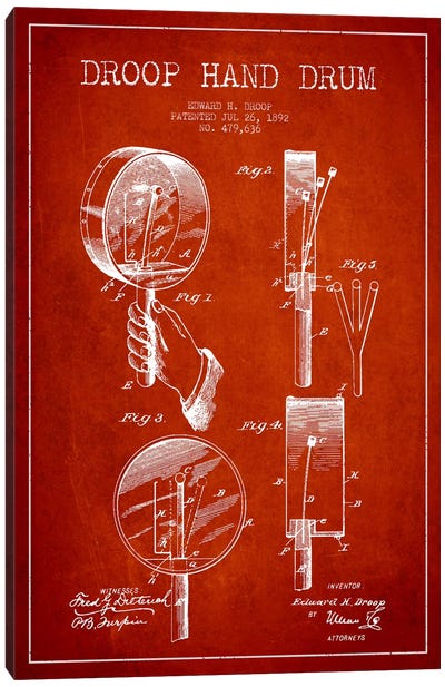 Droop Drum Red Patent Blueprint Canvas Art Print - Musical Instrument Art