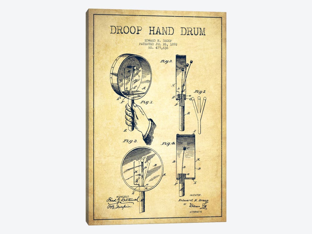Droop Drum Vintage Patent Blueprint by Aged Pixel 1-piece Canvas Art Print