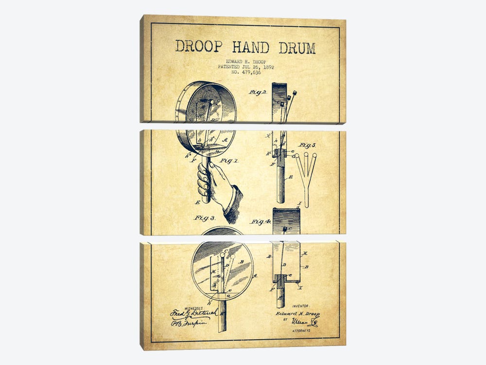 Droop Drum Vintage Patent Blueprint by Aged Pixel 3-piece Canvas Print