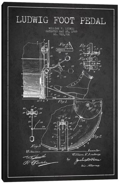 Ludwig Pedal Charcoal Patent Blueprint Canvas Art Print - Aged Pixel: Music