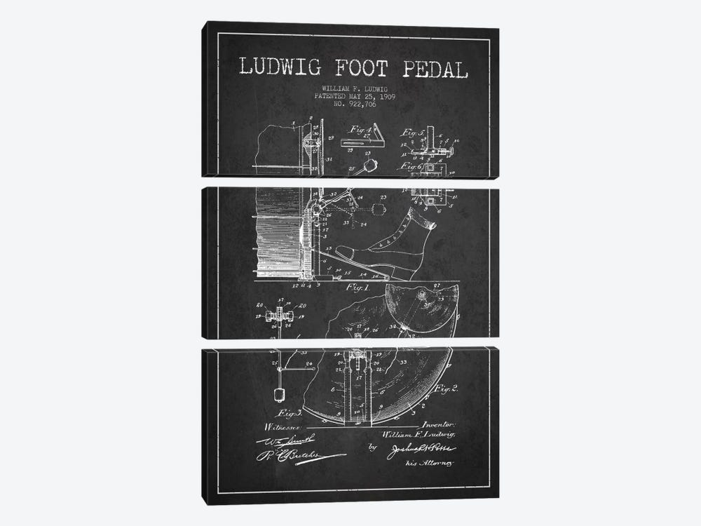 Ludwig Pedal Charcoal Patent Blueprint by Aged Pixel 3-piece Canvas Art