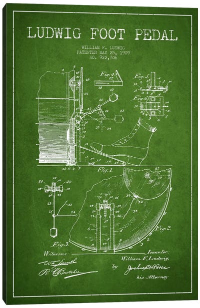 Ludwig Pedal Green Patent Blueprint Canvas Art Print - Aged Pixel: Music
