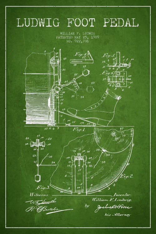 Ludwig Pedal Green Patent Blueprint by Aged Pixel wall art
