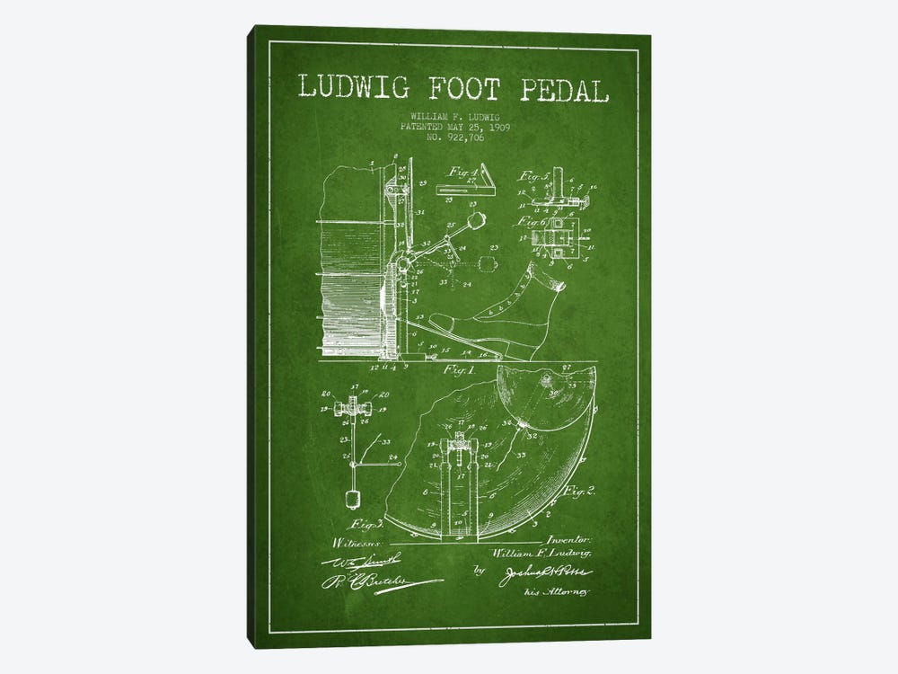 Ludwig Pedal Green Patent Blueprint by Aged Pixel 1-piece Canvas Artwork