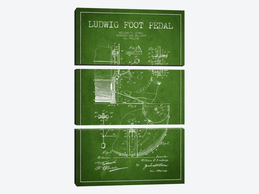 Ludwig Pedal Green Patent Blueprint by Aged Pixel 3-piece Canvas Artwork