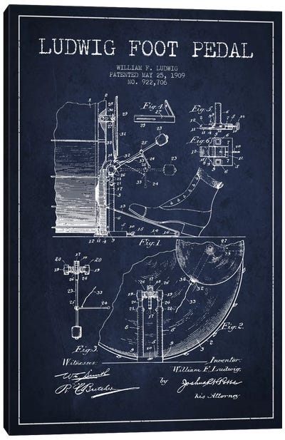 Ludwig Pedal Navy Blue Patent Blueprint Canvas Art Print - Music Blueprints