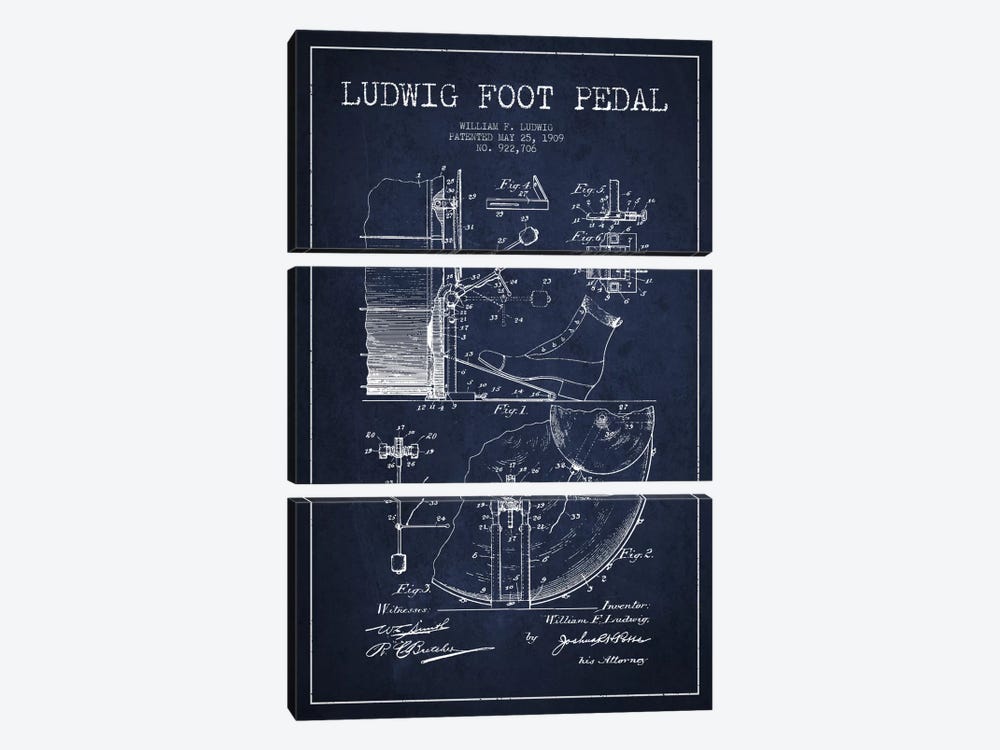 Ludwig Pedal Navy Blue Patent Blueprint by Aged Pixel 3-piece Canvas Print