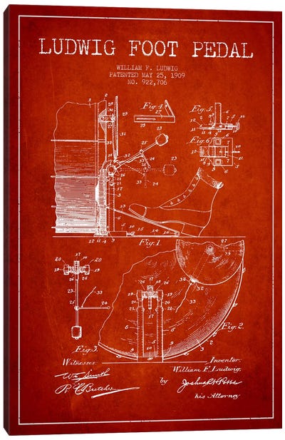 Ludwig Pedal Red Patent Blueprint Canvas Art Print - Drums Art