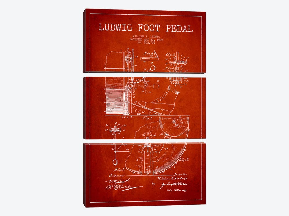 Ludwig Pedal Red Patent Blueprint by Aged Pixel 3-piece Canvas Art