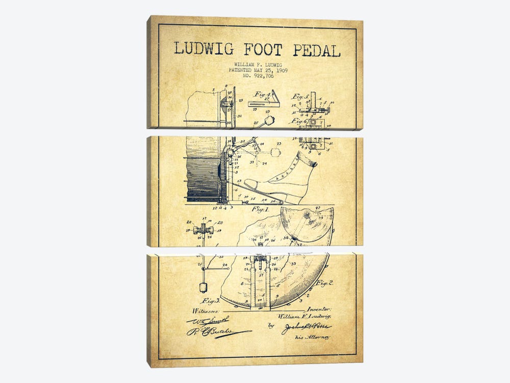 Ludwig Pedal Vintage Patent Blueprint by Aged Pixel 3-piece Art Print