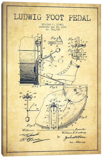 Ludwig Pedal Vintage Patent Blueprint Canvas Art Print - Music Blueprints
