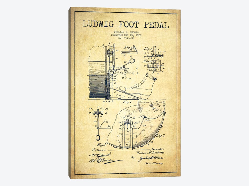 Ludwig Pedal Vintage Patent Blueprint by Aged Pixel 1-piece Canvas Print