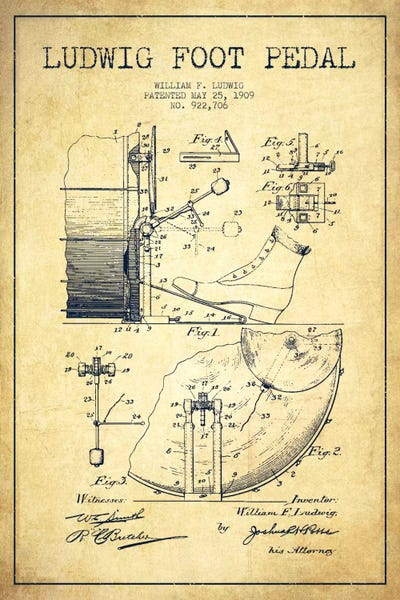 Music Blueprints: Ludwig Pedal Vintage Patent Blueprint by Aged Pixel