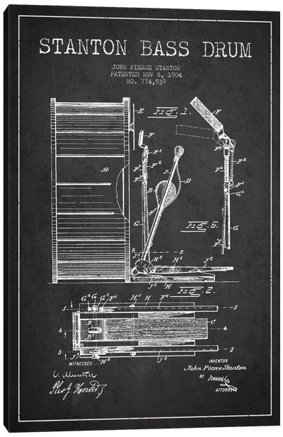 Stanton Bass Charcoal Patent Blueprint Canvas Art Print - Drums Art