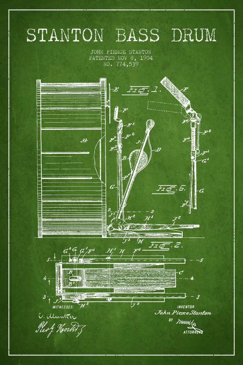 Stanton Bass Green Patent Blueprint by Aged Pixel wall art