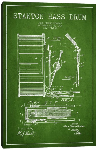 Stanton Bass Green Patent Blueprint Canvas Art Print - Drums Art