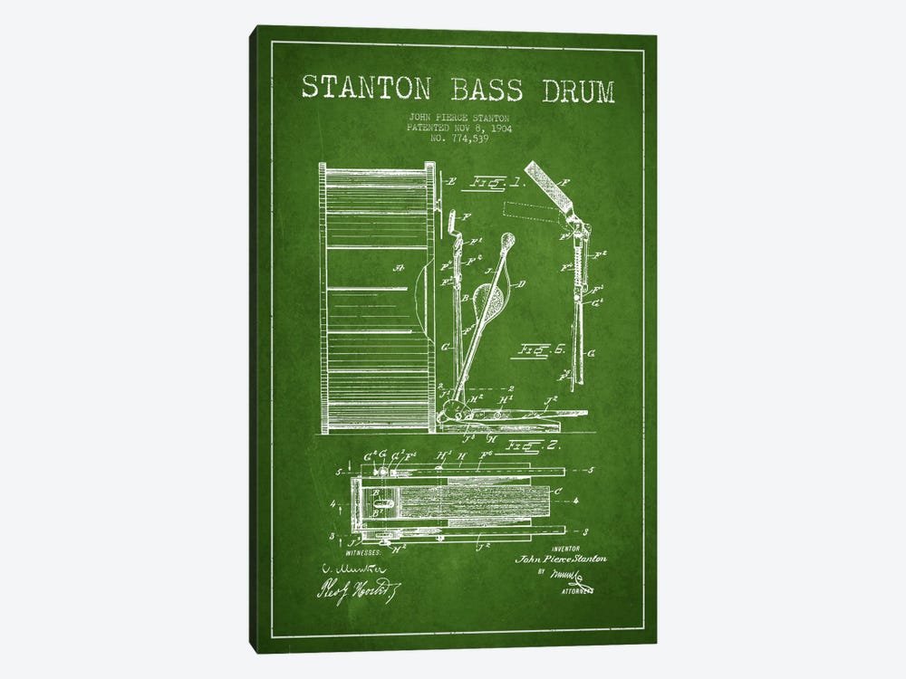 Stanton Bass Green Patent Blueprint by Aged Pixel 1-piece Canvas Print