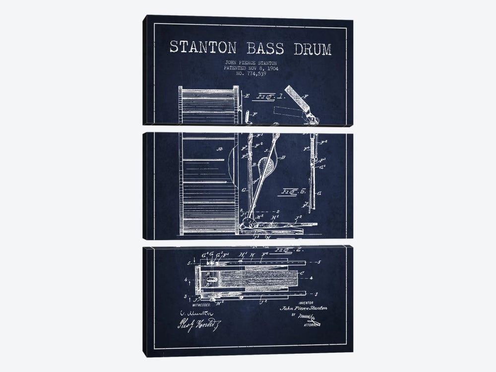 Stanton Bass Navy Blue Patent Blueprint by Aged Pixel 3-piece Canvas Wall Art