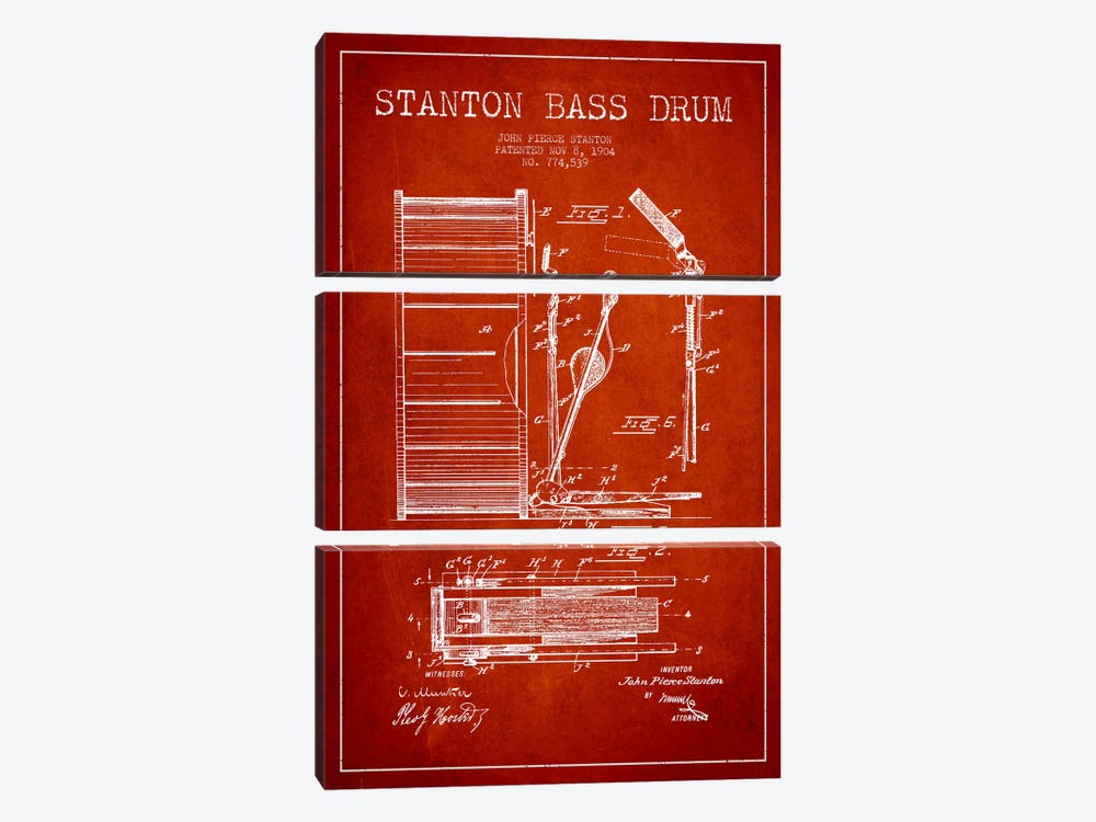 Stanton Bass Red Patent Blueprint by Aged Pixel 3-piece Canvas Print