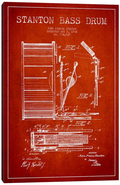 Stanton Bass Red Patent Blueprint Canvas Art Print - Drums Art