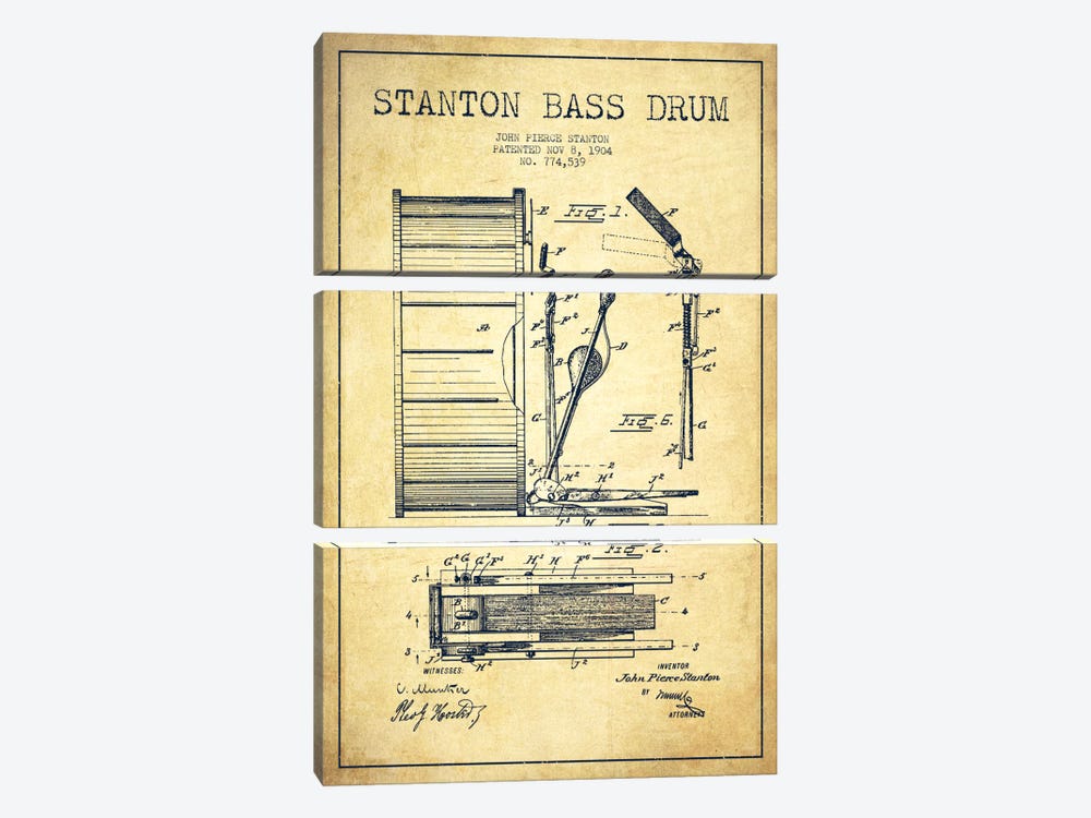 Stanton Bass Vintage Patent Blueprint by Aged Pixel 3-piece Canvas Art