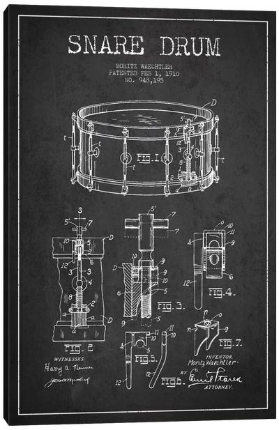 Waechtler Snare Charcoal Patent Blueprint Canvas Art Print - Aged Pixel: Music