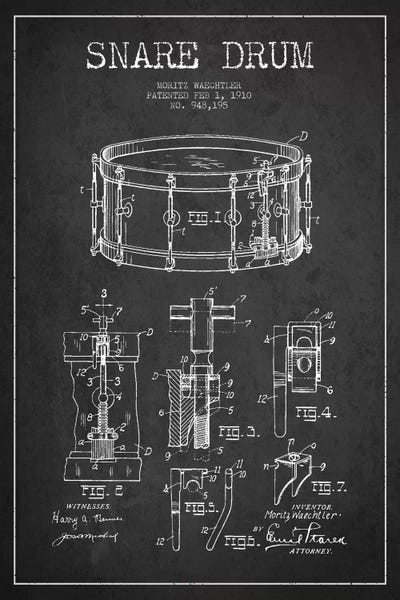 Music Blueprints: Waechtler Snare Charcoal Patent Blueprint by Aged Pixel