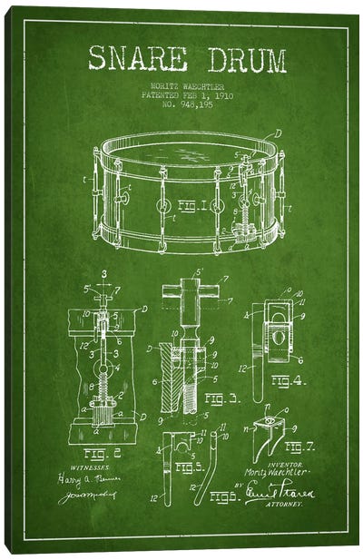 Waechtler Snare Green Patent Blueprint Canvas Art Print - Music Blueprints