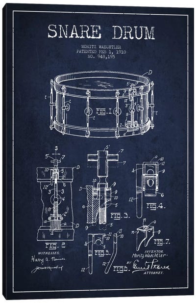 Waechtler Snare Navy Blue Patent Blueprint Canvas Art Print - Aged Pixel: Music