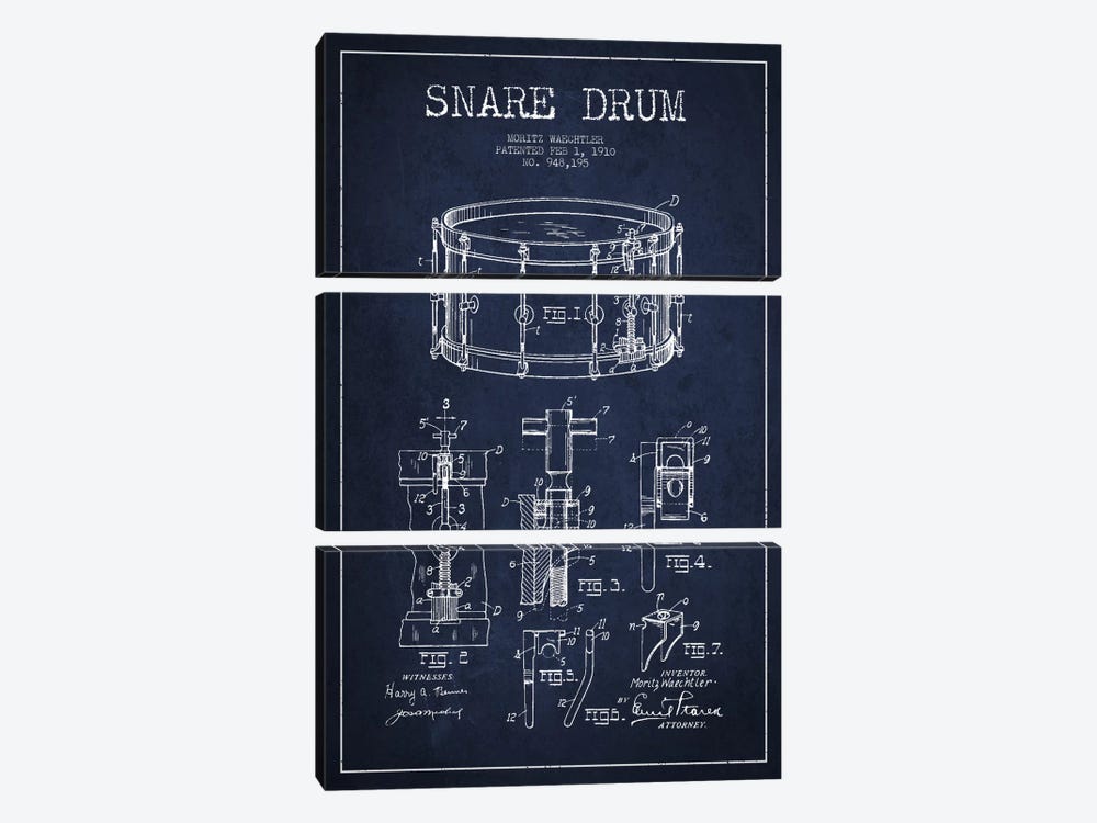 Waechtler Snare Navy Blue Patent Blueprint by Aged Pixel 3-piece Canvas Wall Art