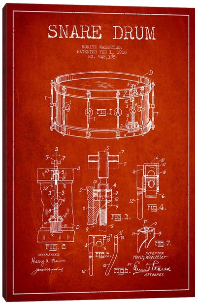 Waechtler Snare Red Patent Blueprint Canvas Art Print - Drums Art