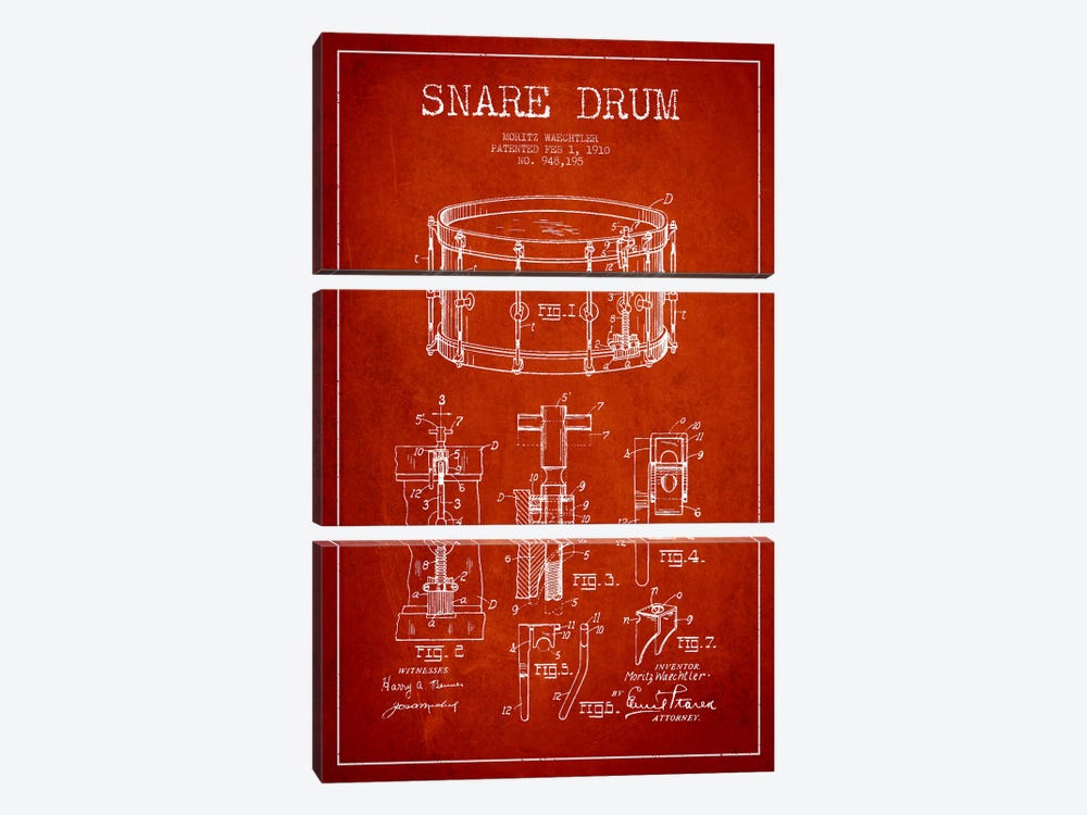 Waechtler Snare Red Patent Blueprint by Aged Pixel 3-piece Canvas Print