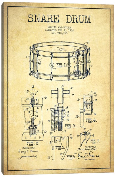 Waechtler Snare Vintage Patent Blueprint Canvas Art Print - Drums Art