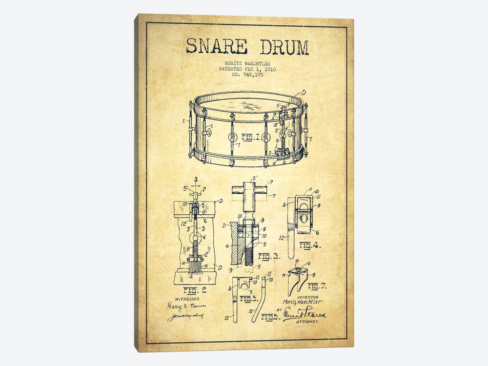 Waechtler Snare Vintage Patent Blueprint by Aged Pixel 1-piece Canvas Wall Art