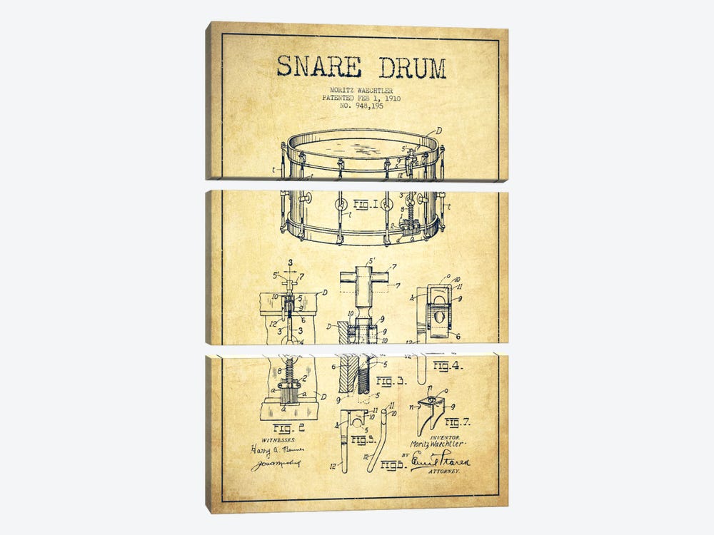 Waechtler Snare Vintage Patent Blueprint 3-piece Canvas Art