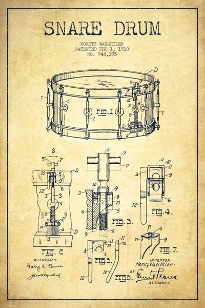 Music Blueprints: Waechtler Snare Vintage Patent Blueprint by Aged Pixel