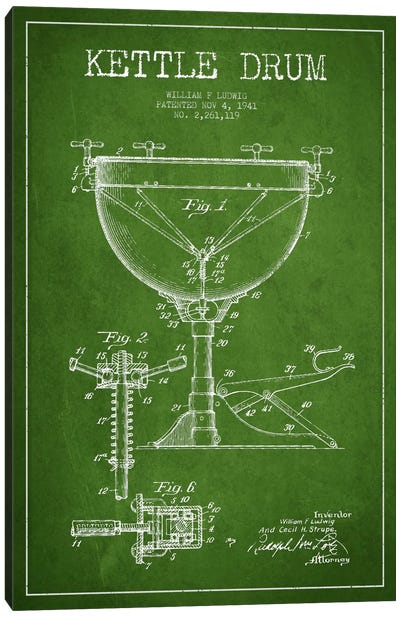 Ludwig Kettle Green Patent Blueprint Canvas Art Print - Musical Instrument Art