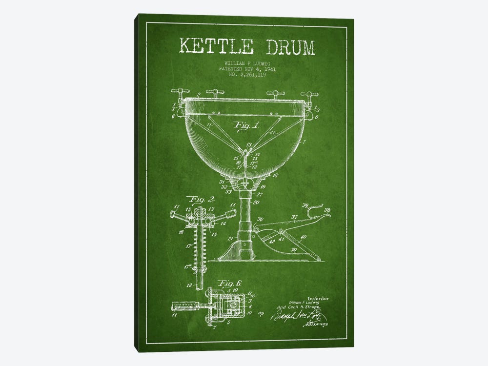 Ludwig Kettle Green Patent Blueprint by Aged Pixel 1-piece Canvas Artwork